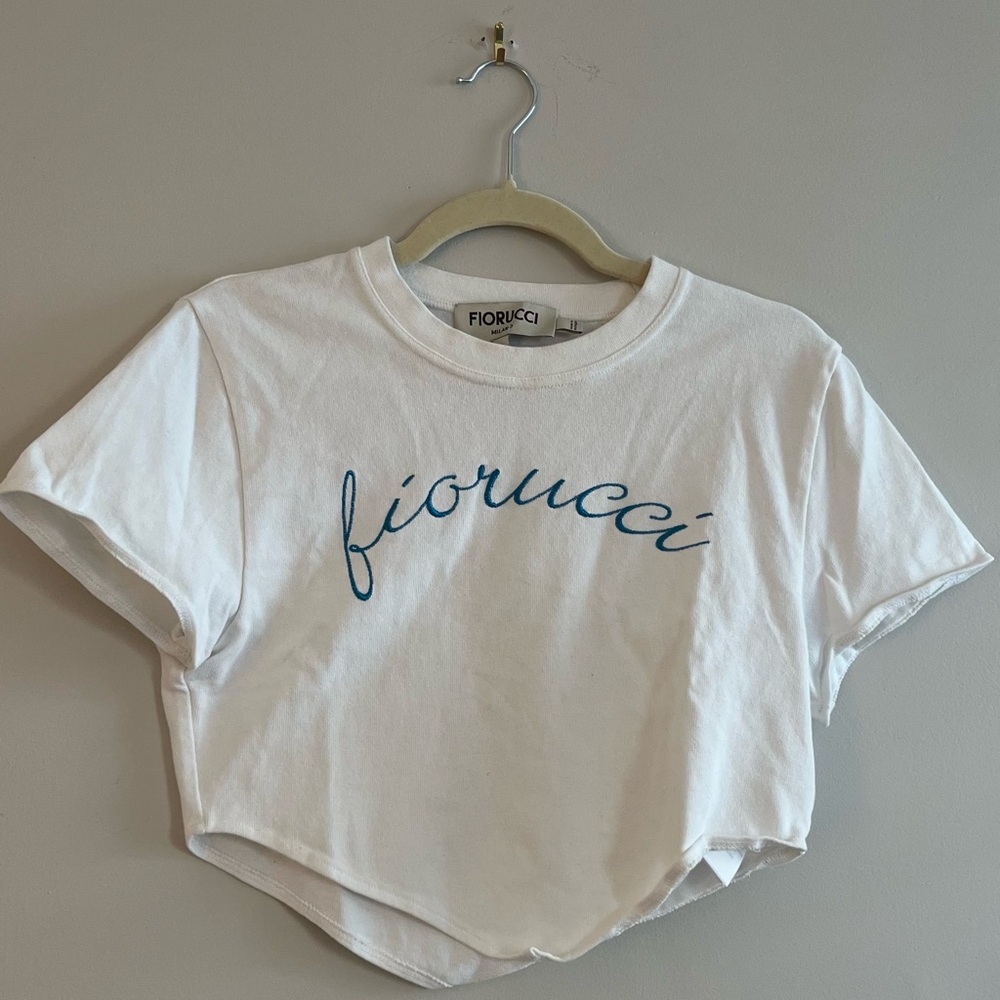 Fiorucci White Crop Top with Blue Script